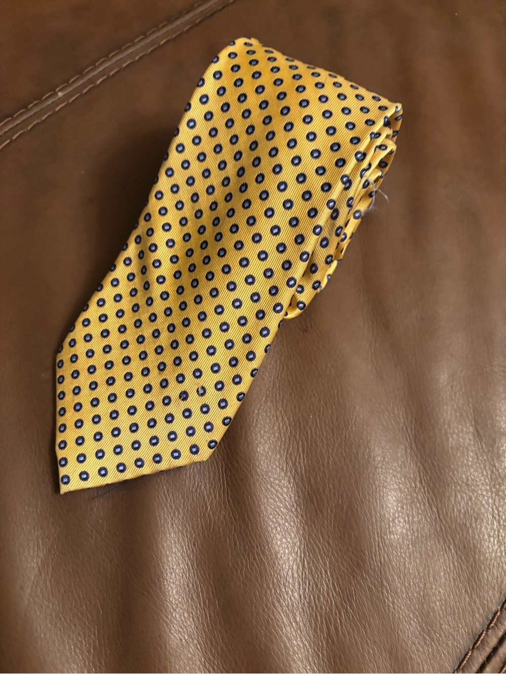 Chaps Yellow Tie with Navy Dot Pattern 100% silk